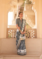Monjolika Fashion Silk Foil Print Grey Contemporary Saree | Grocsy