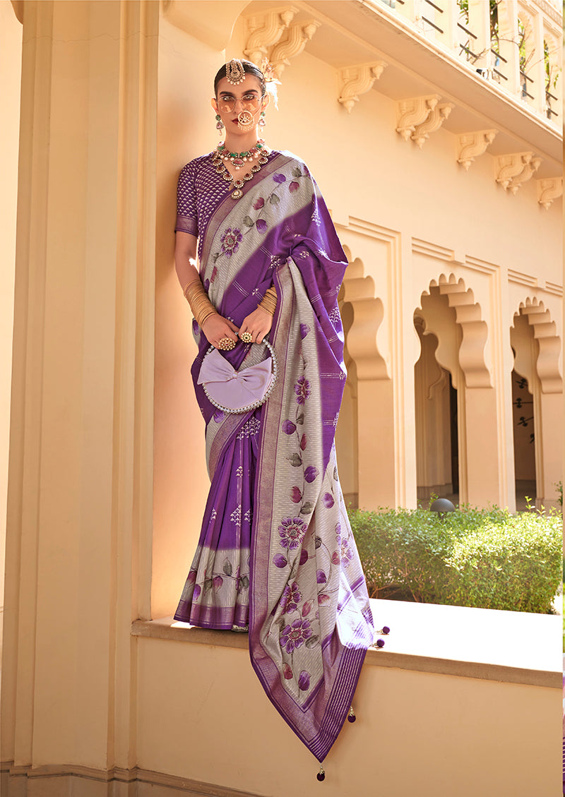 Monjolika Fashion Silk Foil Print Purple Contemporary Saree | Grocsy