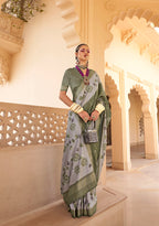 Monjolika Fashion Silk Foil Print Dark Green Contemporary Saree | Grocsy