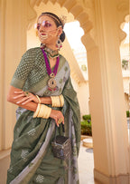 Monjolika Fashion Silk Foil Print Dark Green Contemporary Saree | Grocsy