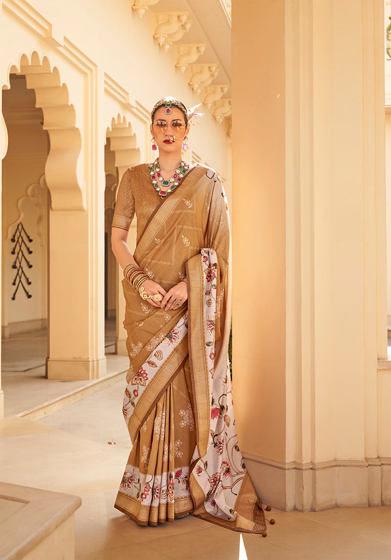 Monjolika Fashion Silk Foil Print Brown Contemporary Saree | Grocsy