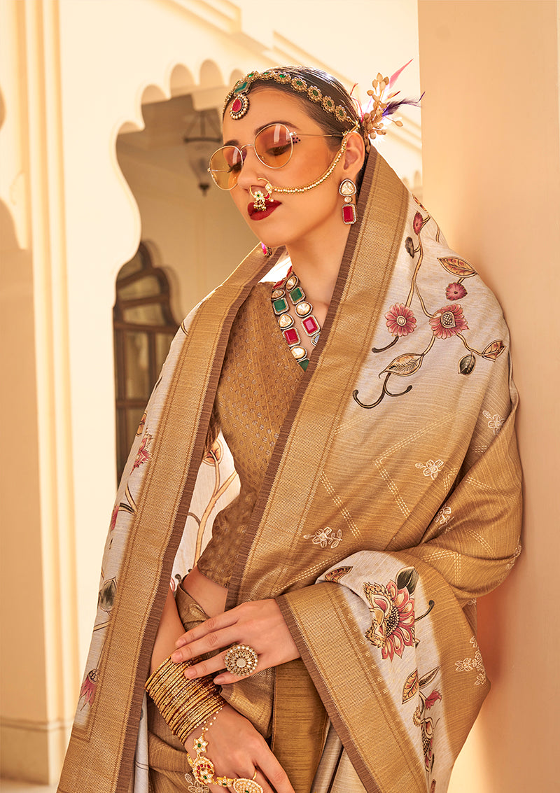 Monjolika Fashion Silk Foil Print Brown Contemporary Saree | Grocsy
