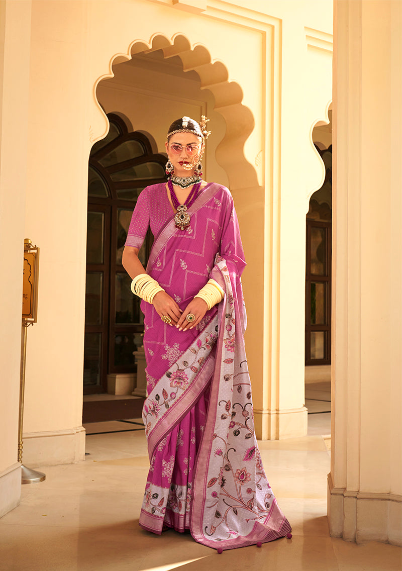 Monjolika Fashion Silk Foil Print Pink Contemporary Saree | Grocsy
