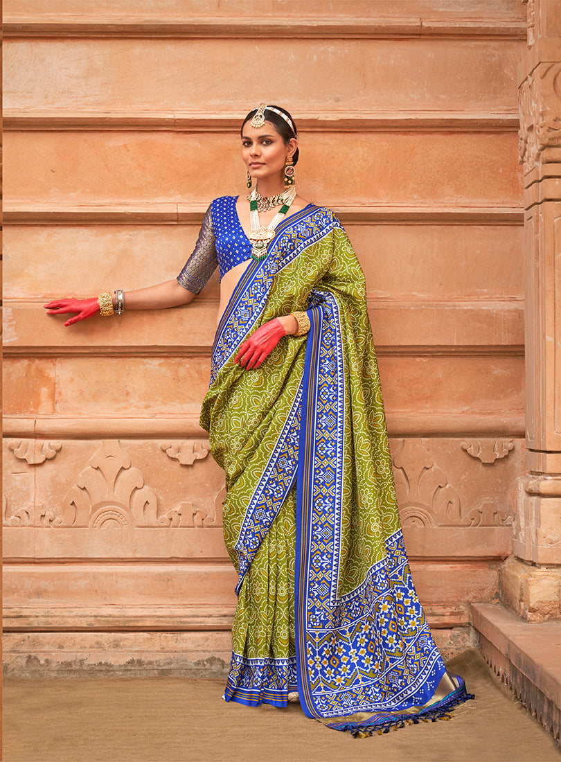 Monjolika Fashion Olive And Blue Patola Print Silk Ceremonial Trendy Saree | Grocsy