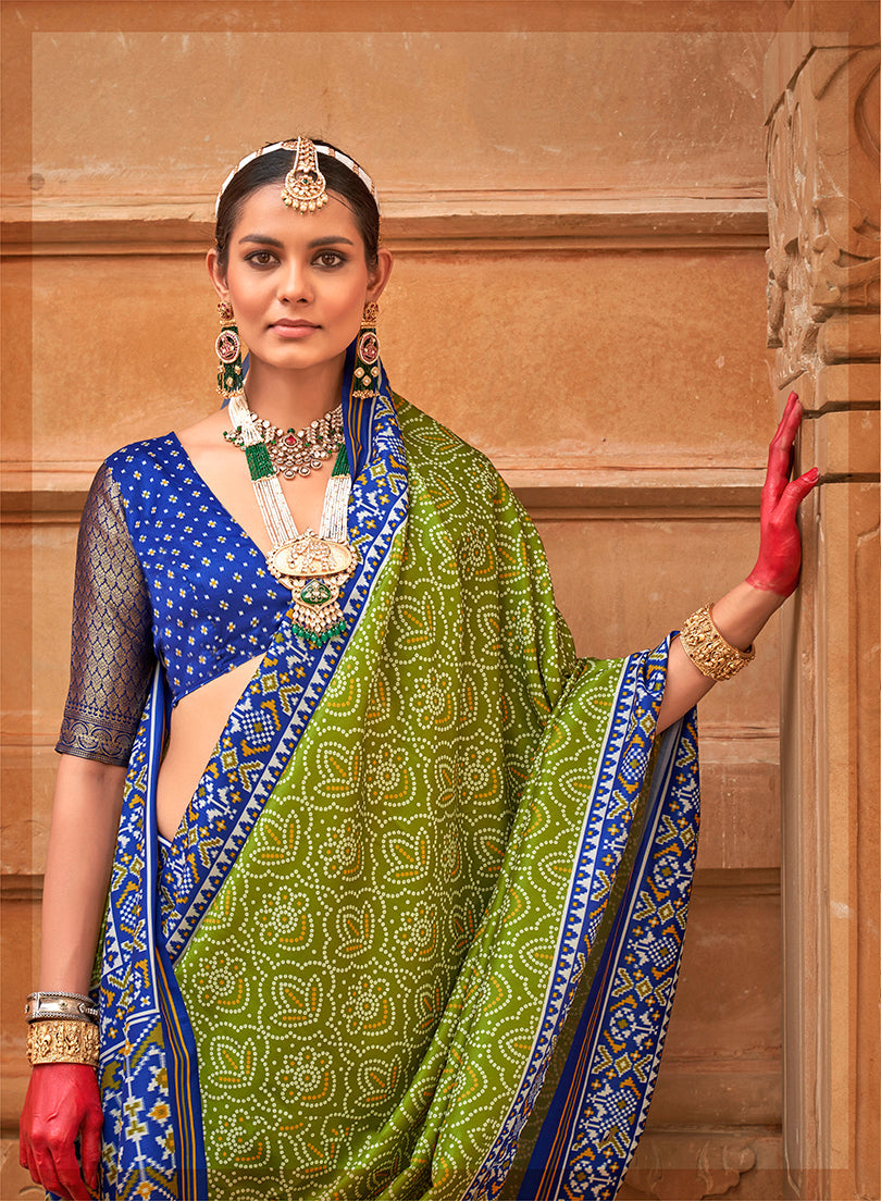 Monjolika Fashion Olive And Blue Patola Print Silk Ceremonial Trendy Saree | Grocsy