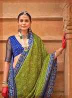 Monjolika Fashion Olive And Blue Patola Print Silk Ceremonial Trendy Saree | Grocsy