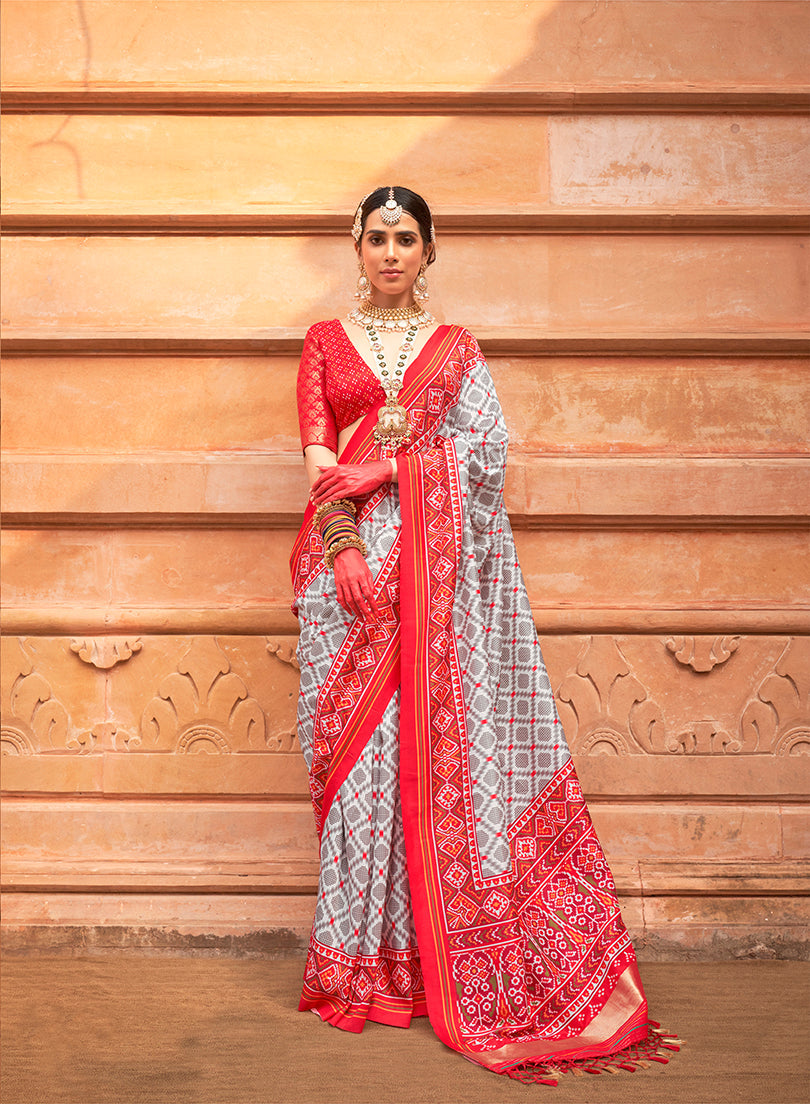 Monjolika Fashion Grey And Red Patola Print Silk Ceremonial Trendy Saree | Grocsy