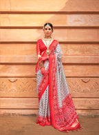 Monjolika Fashion Grey And Red Patola Print Silk Ceremonial Trendy Saree | Grocsy