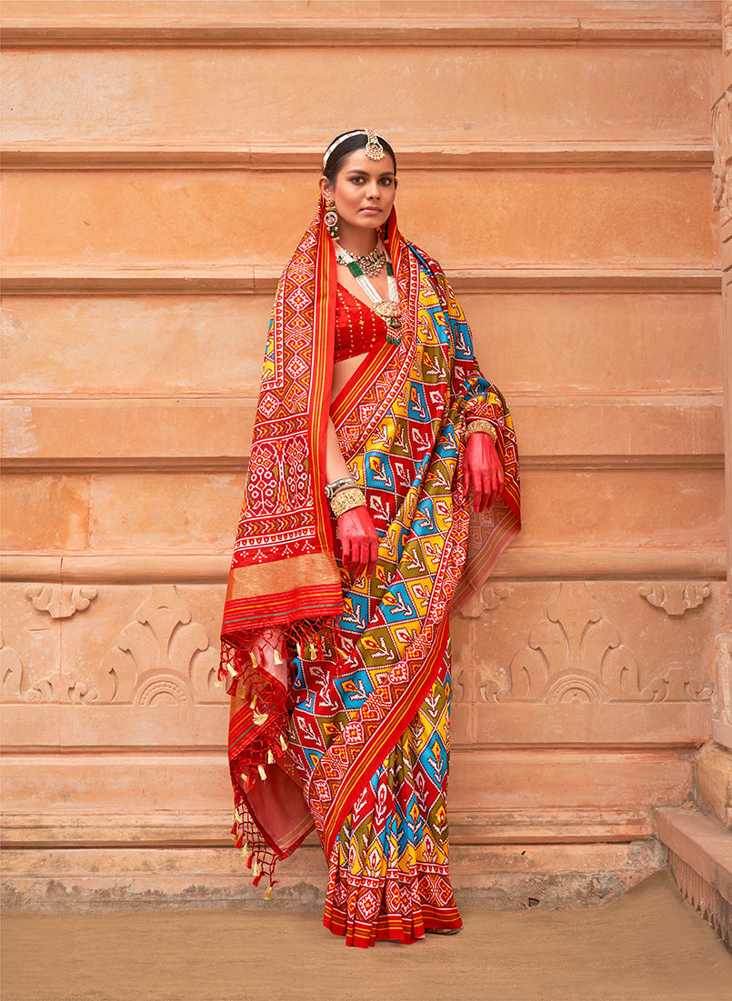 Monjolika Fashion Multi Colour Patola Print Silk Ceremonial Trendy Saree | Grocsy