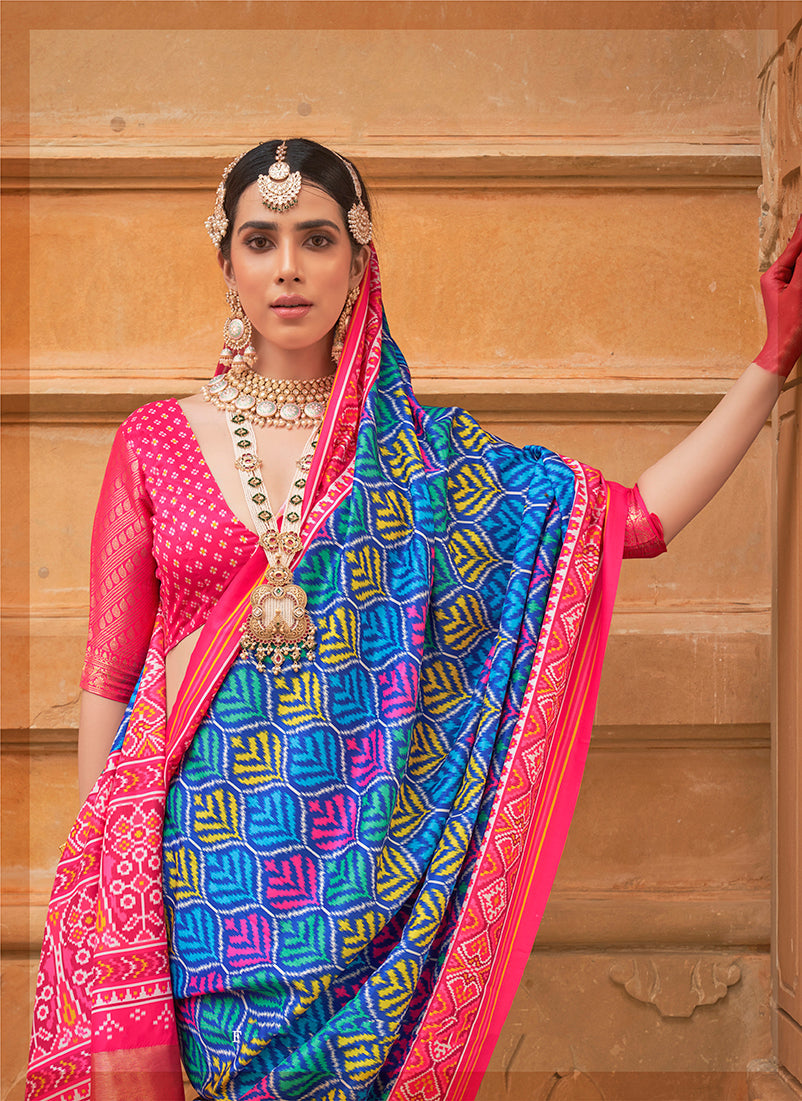 Monjolika Fashion Blue Patola Print Silk Ceremonial Trendy Saree | Grocsy