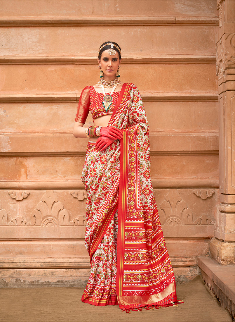 Monjolika Fashion Off White Patola Print Silk Ceremonial Trendy Saree | Grocsy