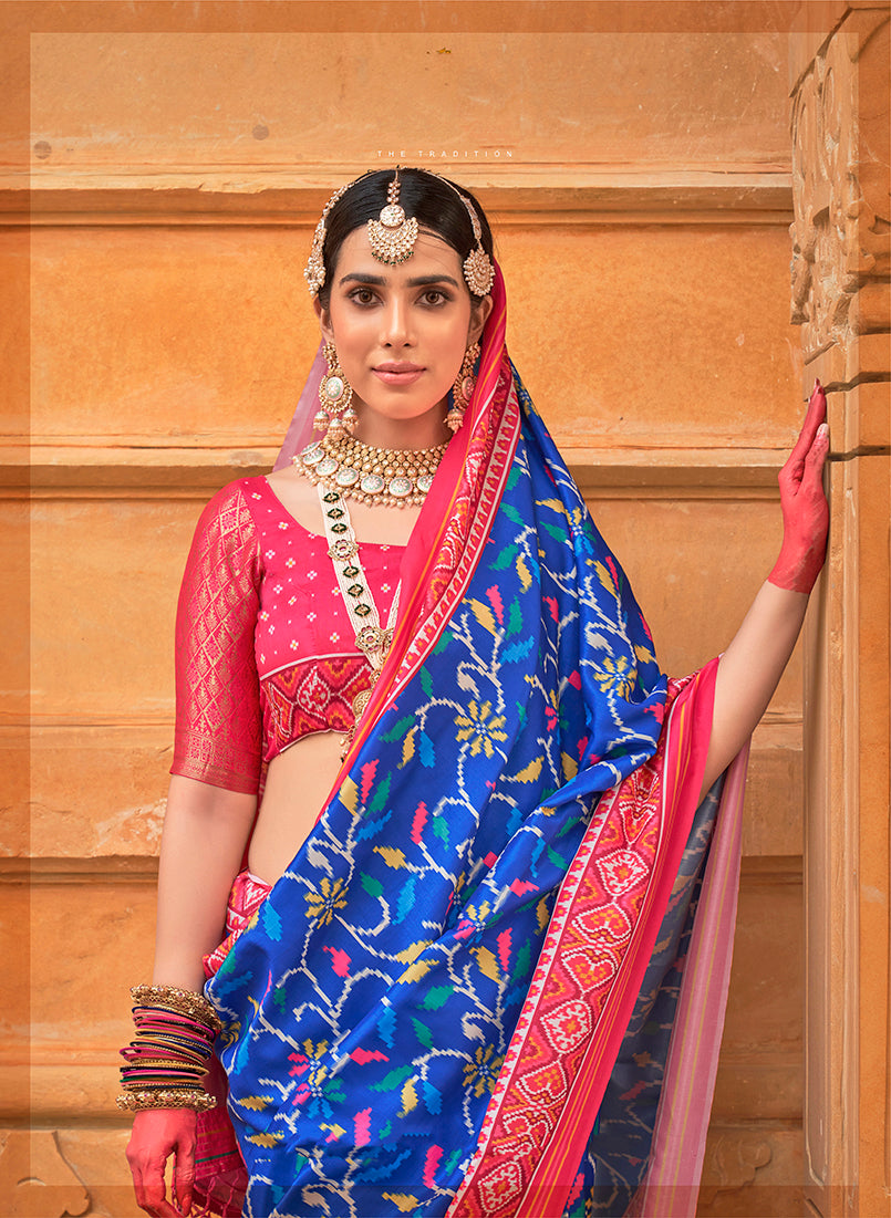 Monjolika Fashion Blue Patola Print Silk Ceremonial Trendy Saree | Grocsy