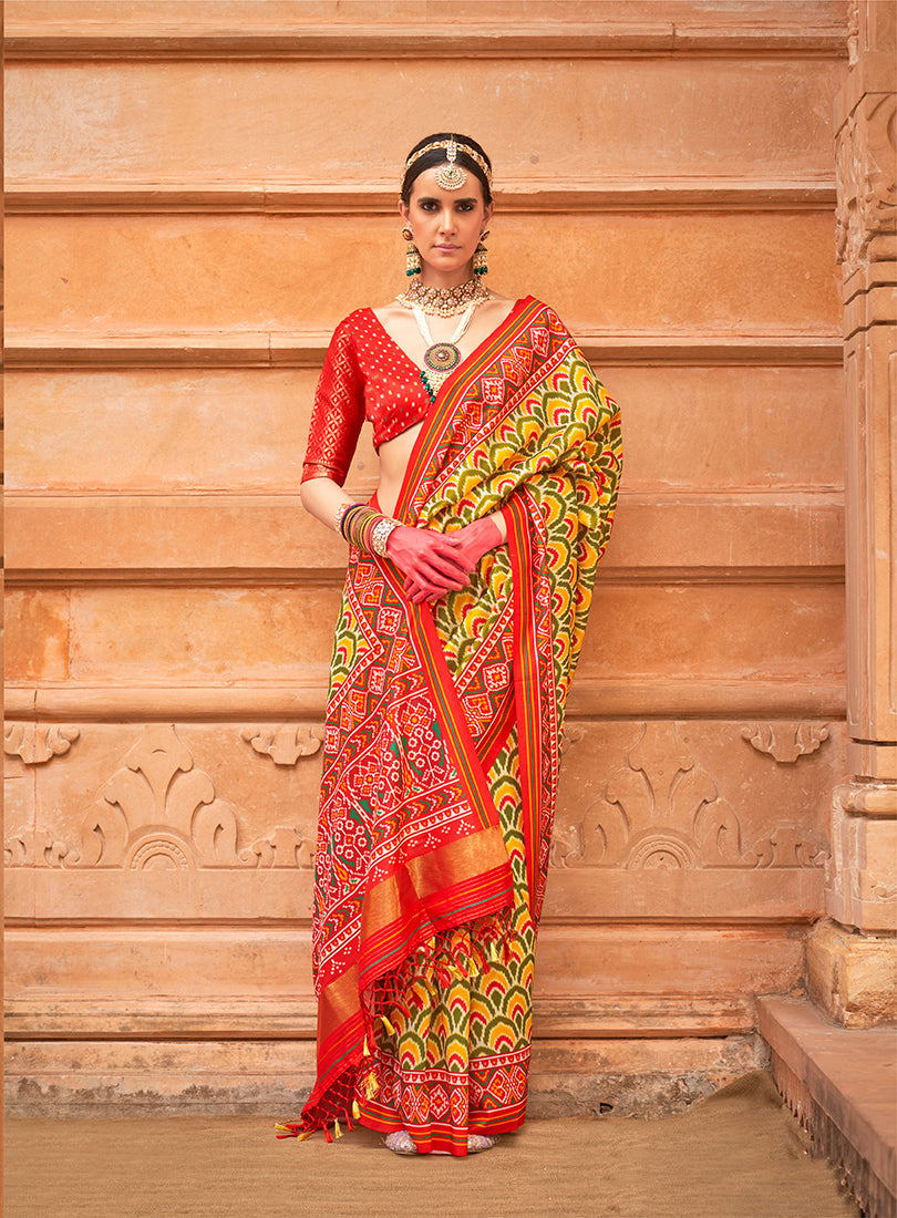Monjolika Fashion Mustard Patola Print Silk Ceremonial Trendy Saree | Grocsy
