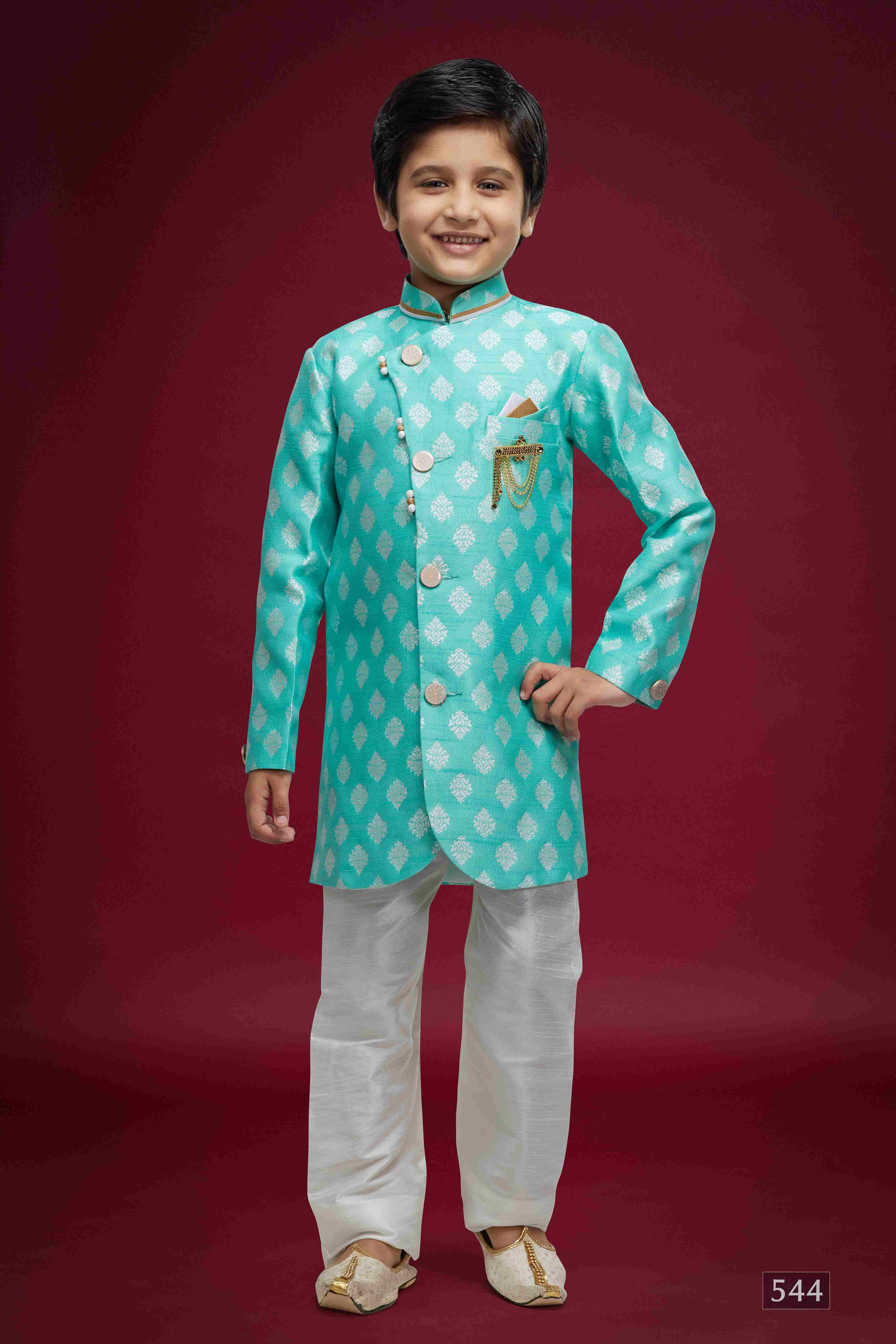 Raivat Ethnic Kids Banarasi Jacquard Woven Work Semi Indo Western Set Sky Blue Colour | Grocsy