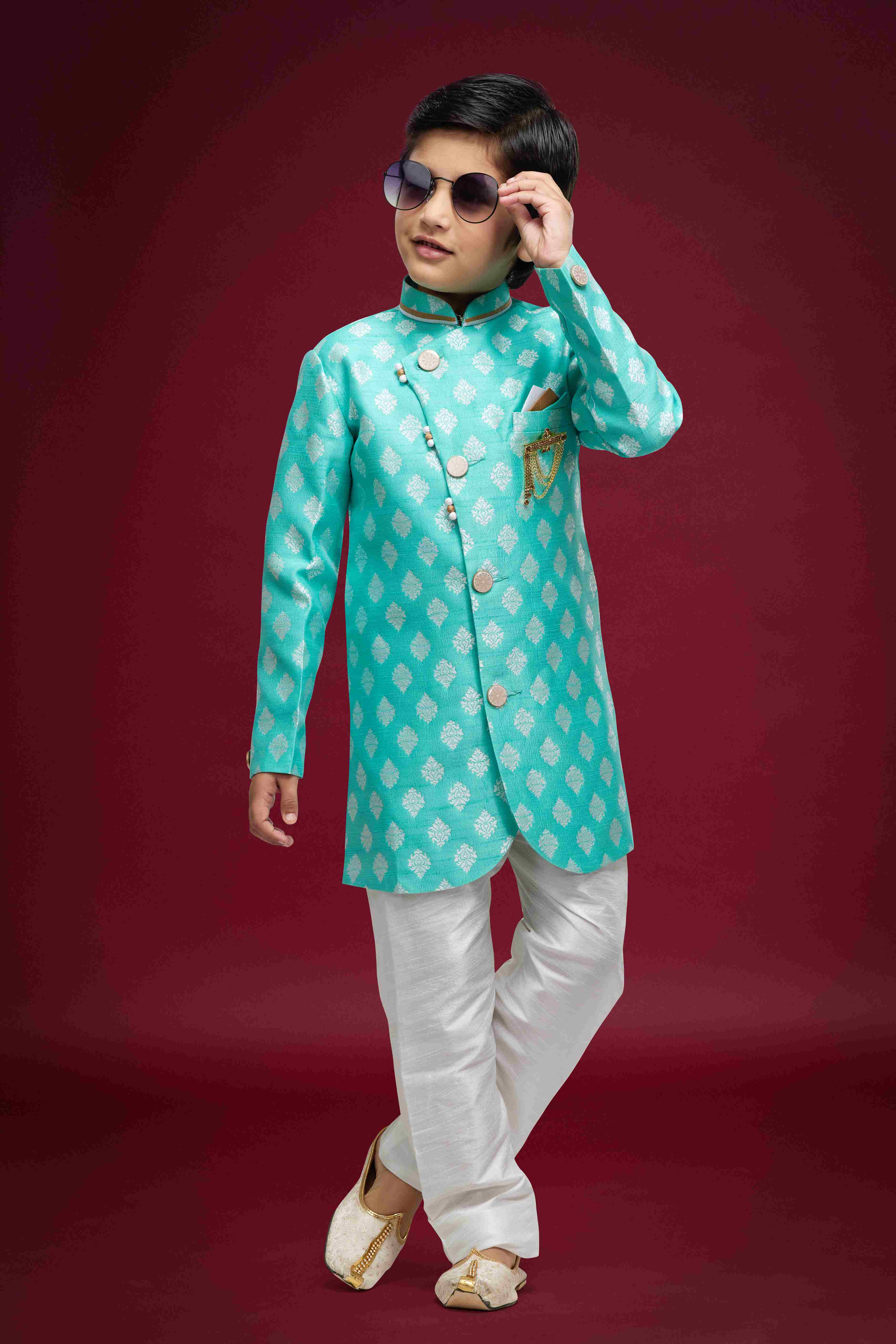 Raivat Ethnic Kids Banarasi Jacquard Woven Work Semi Indo Western Set Sky Blue Colour | Grocsy