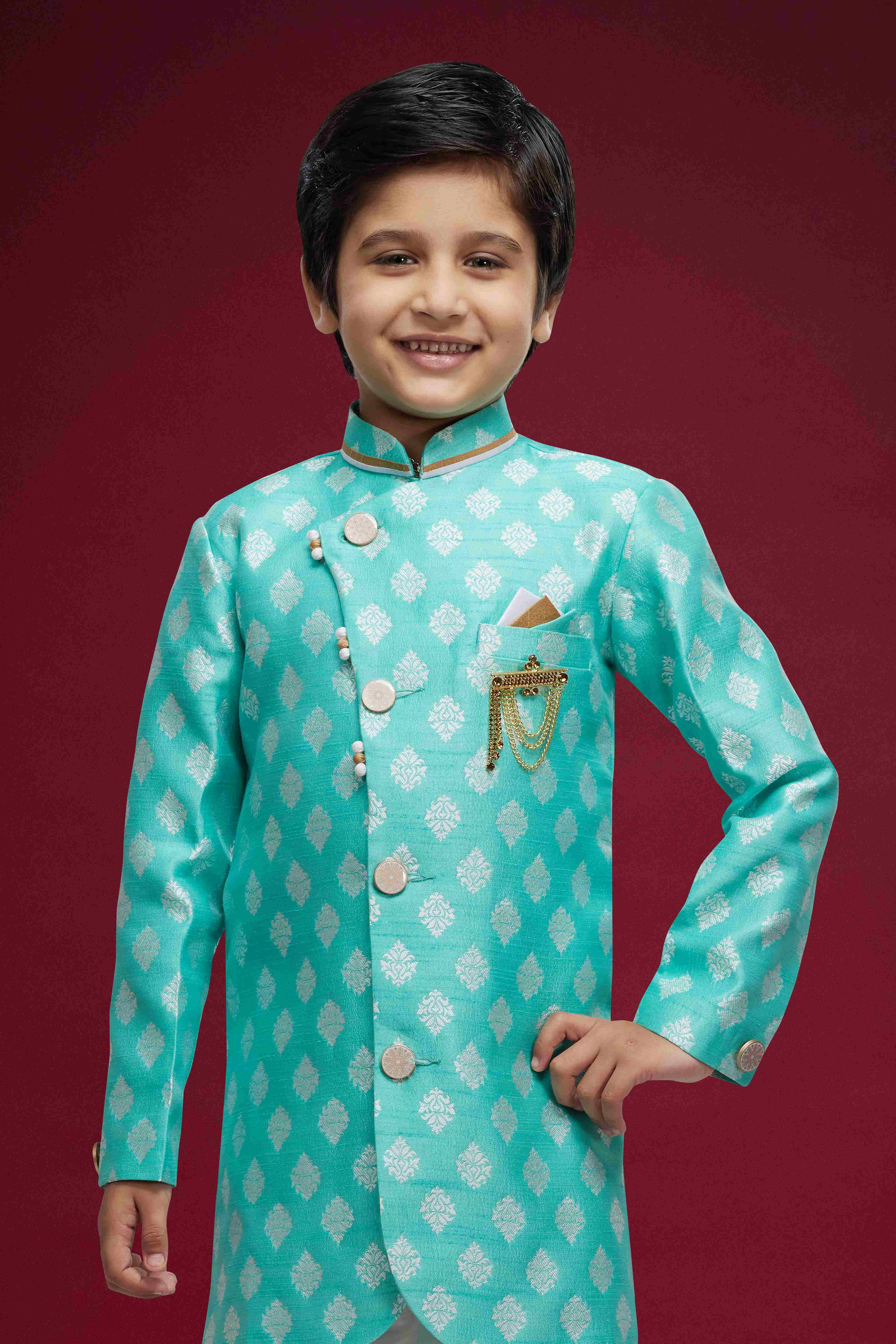Raivat Ethnic Kids Banarasi Jacquard Woven Work Semi Indo Western Set Sky Blue Colour | Grocsy