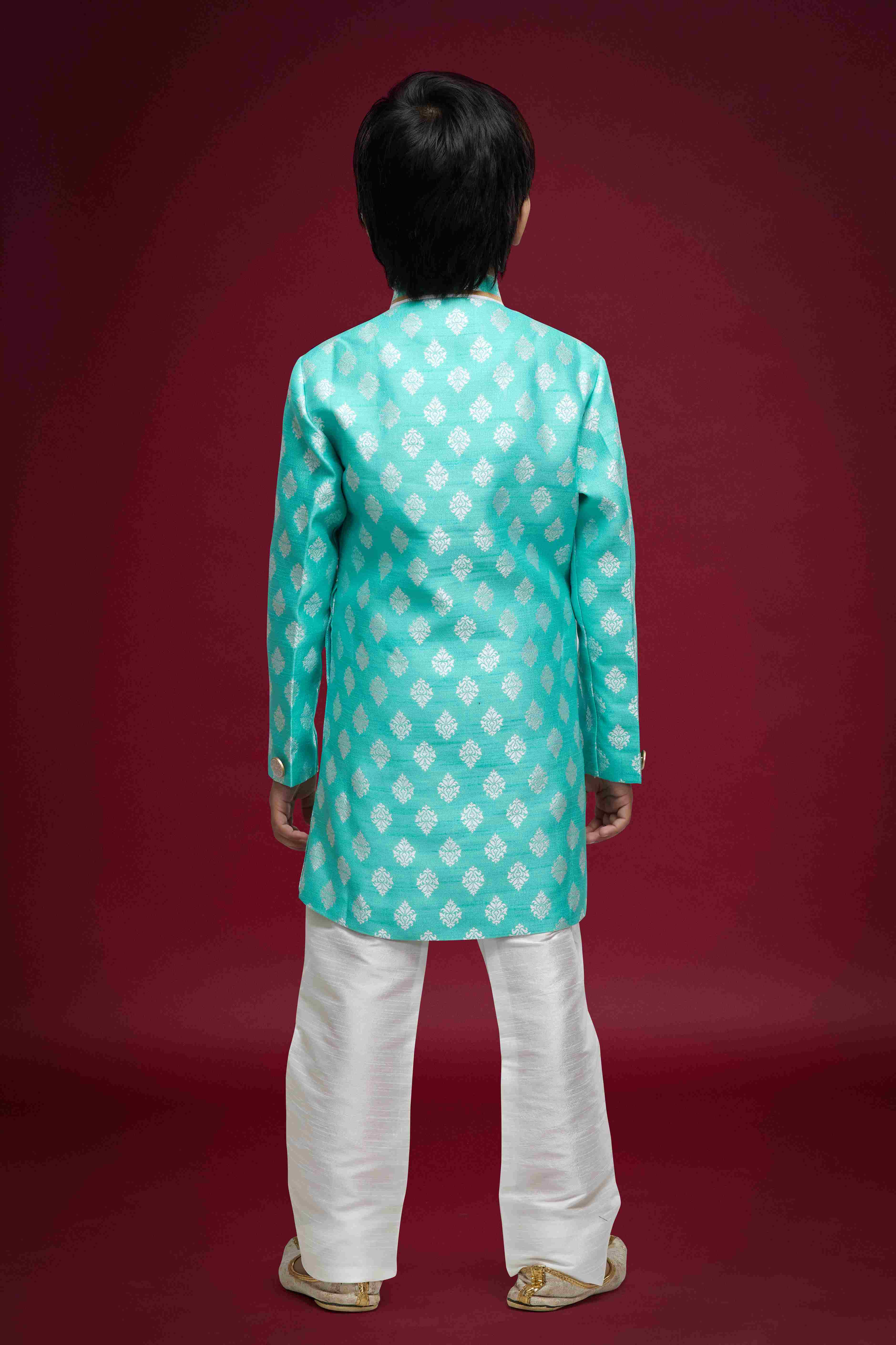 Raivat Ethnic Kids Banarasi Jacquard Woven Work Semi Indo Western Set Sky Blue Colour | Grocsy