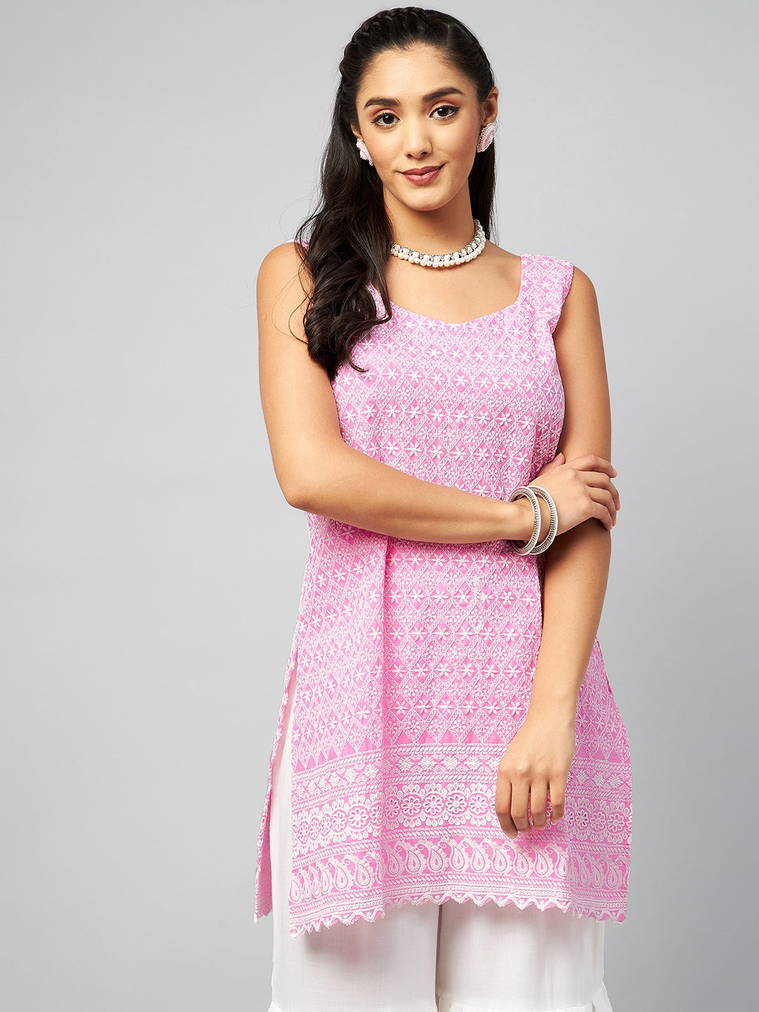 InWeave Women's Pink Sweetheart Neckline Kurta | Grocsy