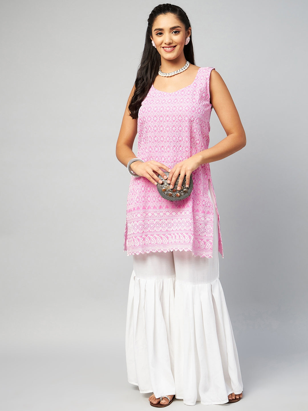 InWeave Women's Pink Sweetheart Neckline Kurta | Grocsy