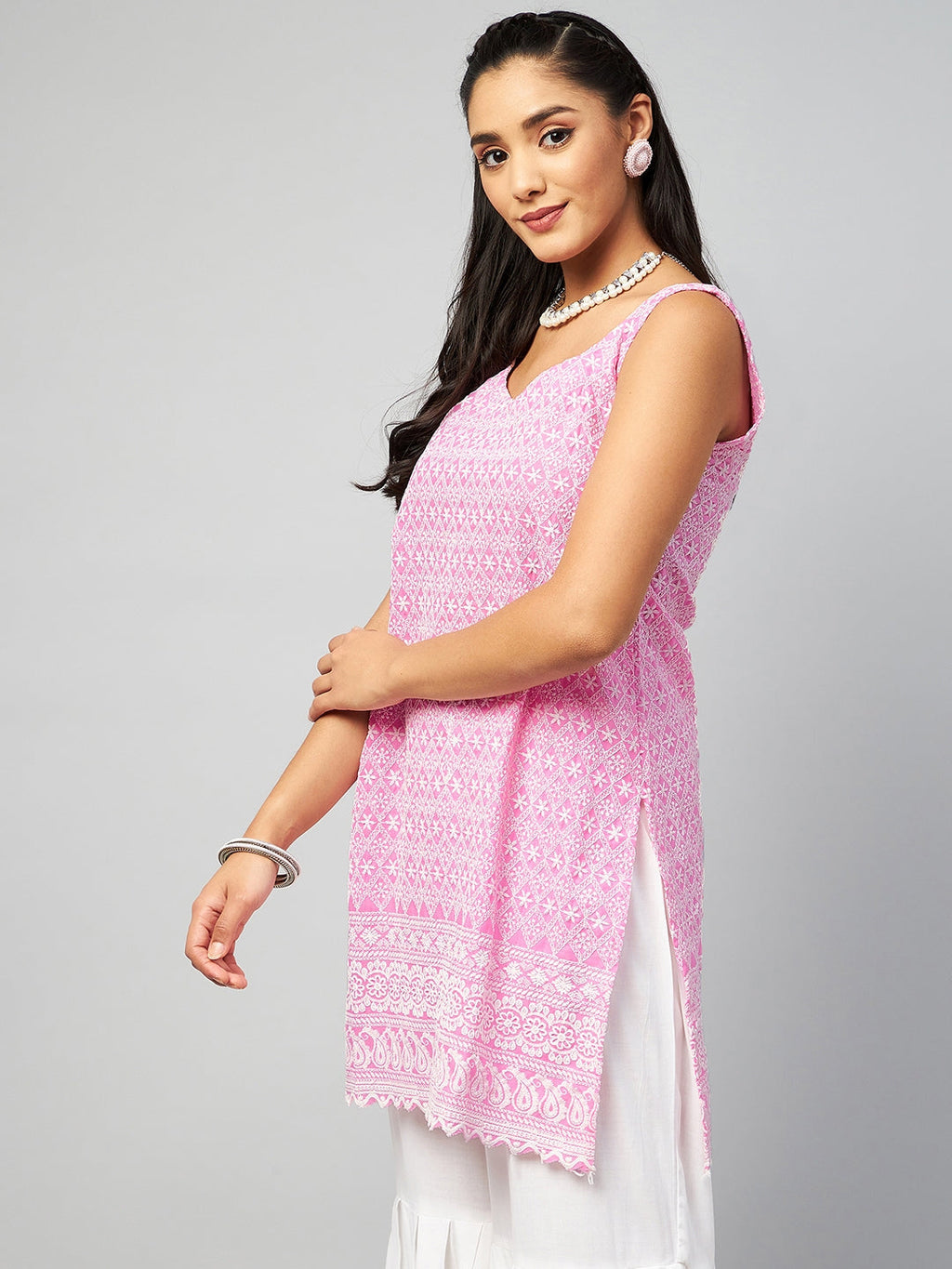 InWeave Women's Pink Sweetheart Neckline Kurta | Grocsy