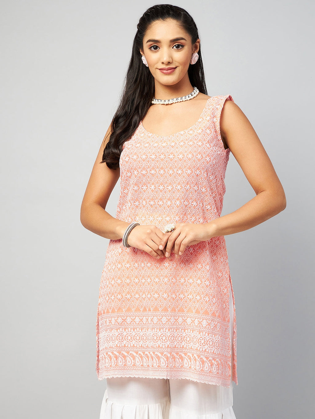 InWeave Women's Peach Sweetheart Neckline Kurta | Grocsy