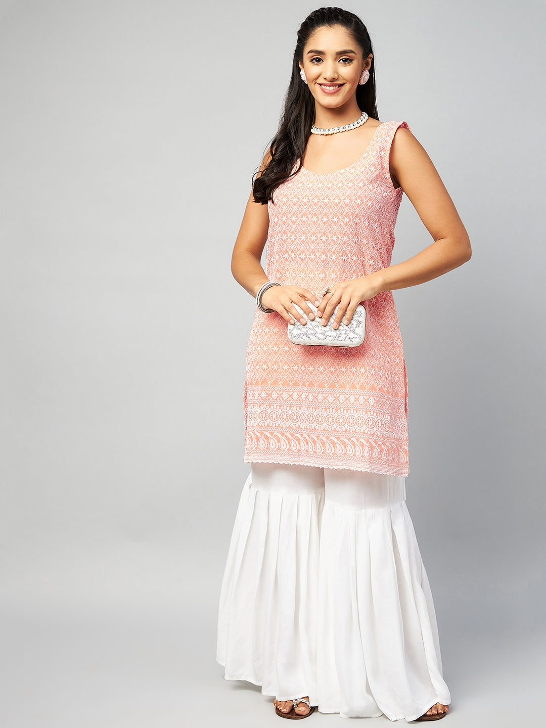 InWeave Women's Peach Sweetheart Neckline Kurta | Grocsy