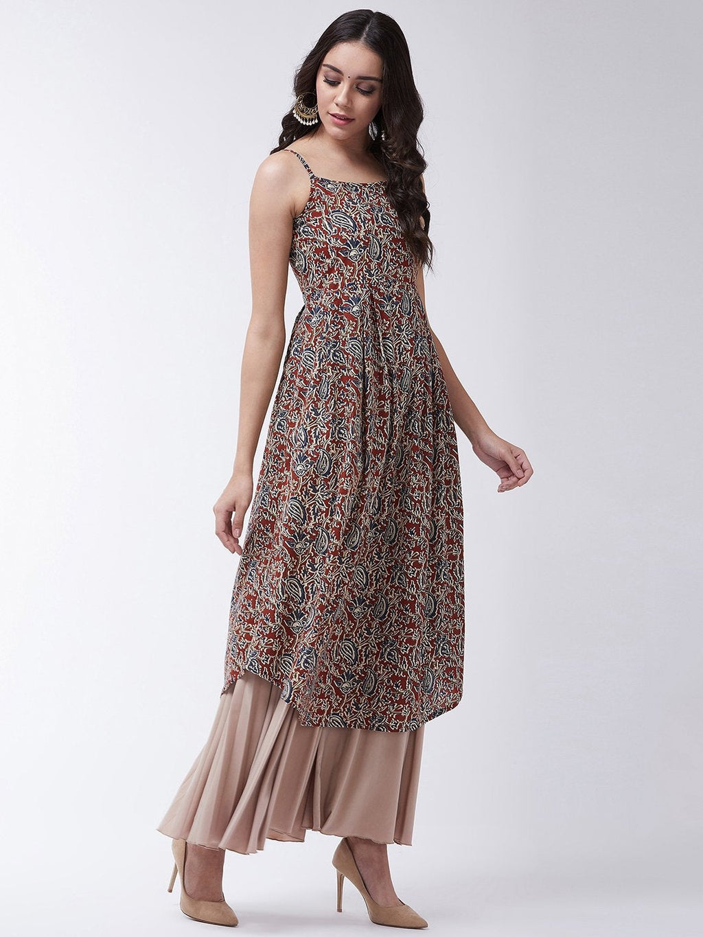 InWeave Women's Maroon Kalamkari Strappy Kurta | Grocsy
