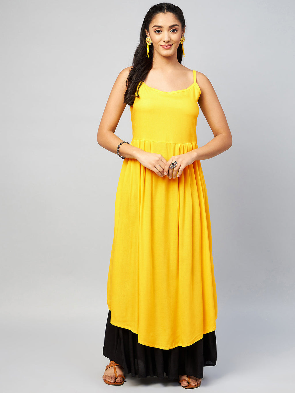 InWeave Women's Solid Yellow Strappy Kurta | Grocsy