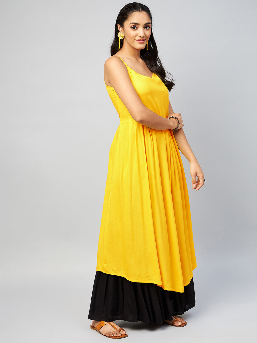 InWeave Women's Solid Yellow Strappy Kurta | Grocsy