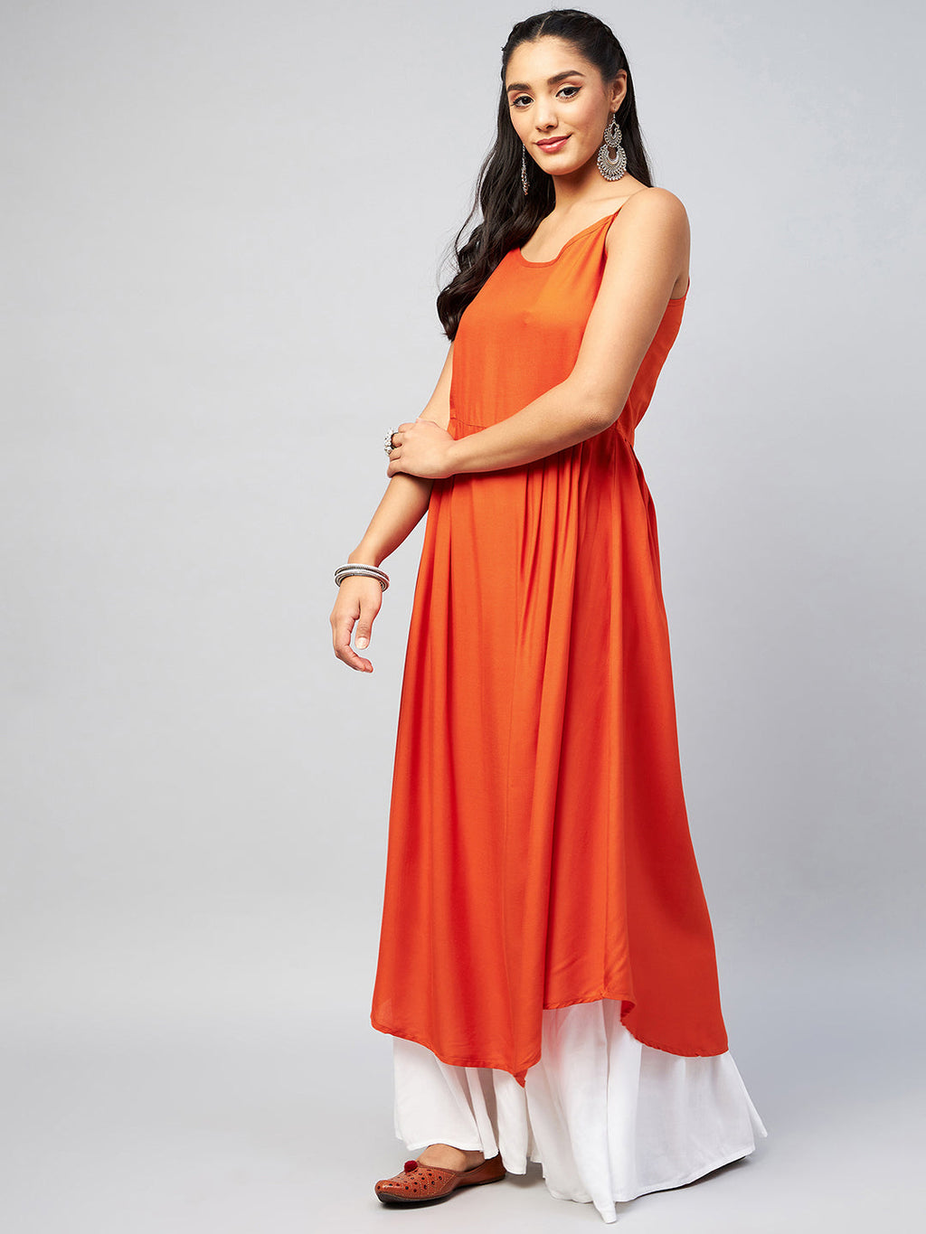 InWeave Women's Solid Orange Strappy Kurta | Grocsy