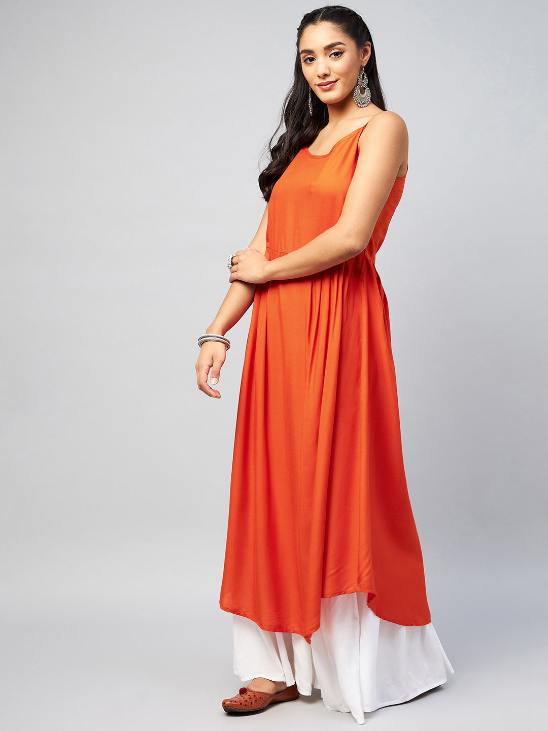 InWeave Women's Solid Orange Strappy Kurta | Grocsy
