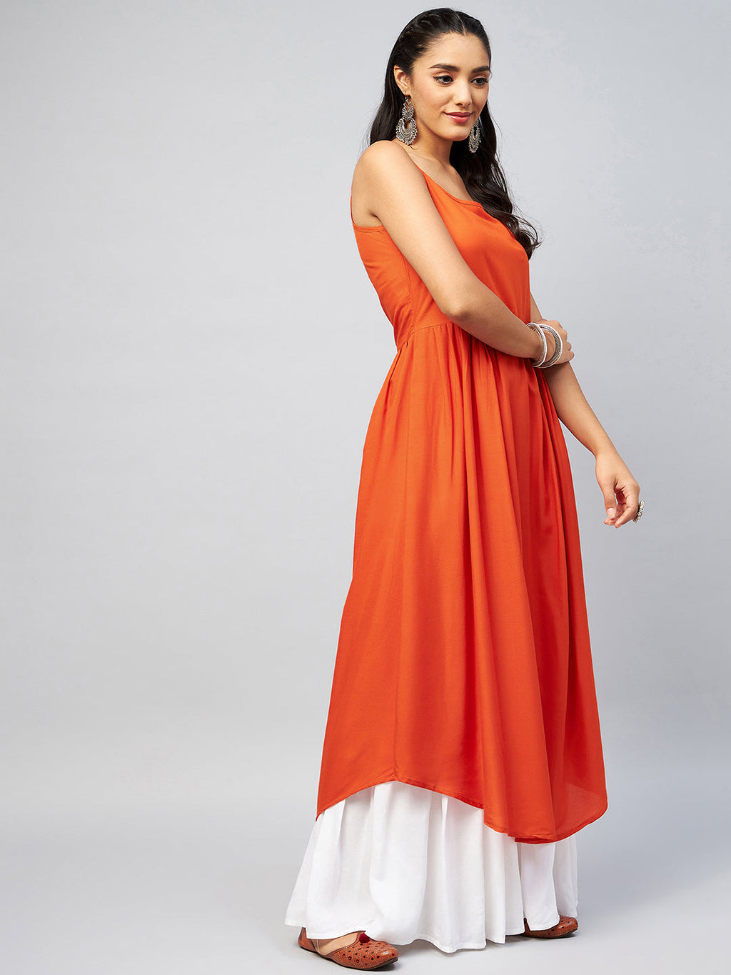 InWeave Women's Solid Orange Strappy Kurta | Grocsy
