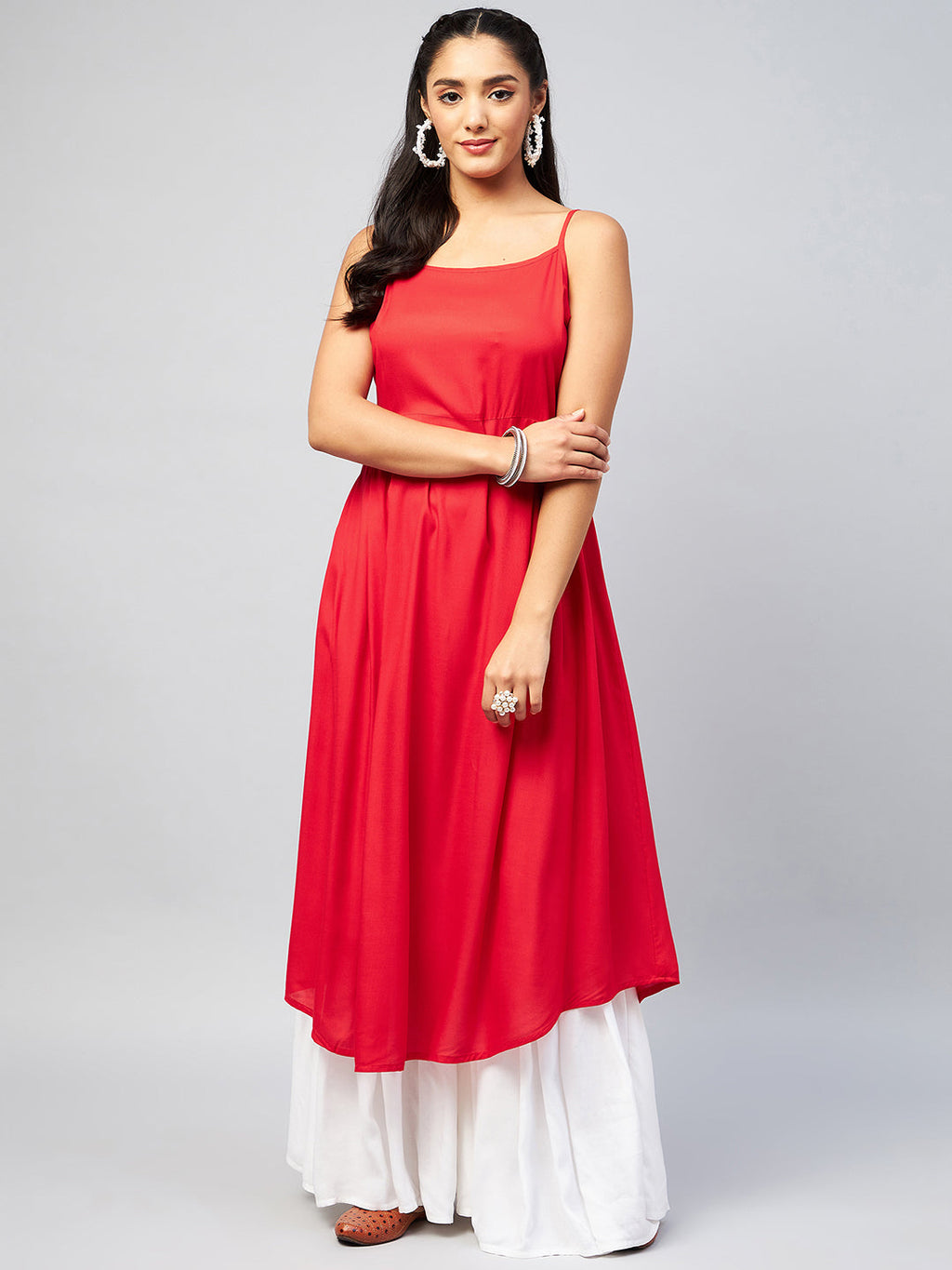 InWeave Women's Solid Red Strappy Kurta | Grocsy