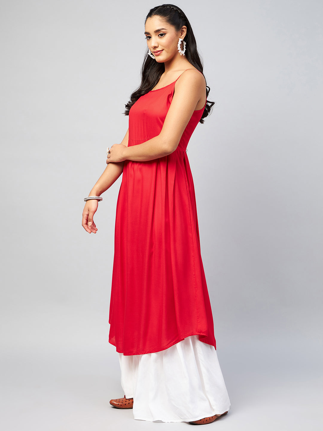 InWeave Women's Solid Red Strappy Kurta | Grocsy