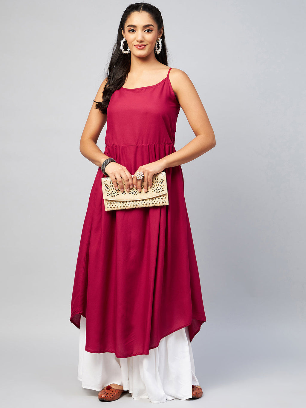 InWeave Women's Solid Maroon Strappy Kurta | Grocsy