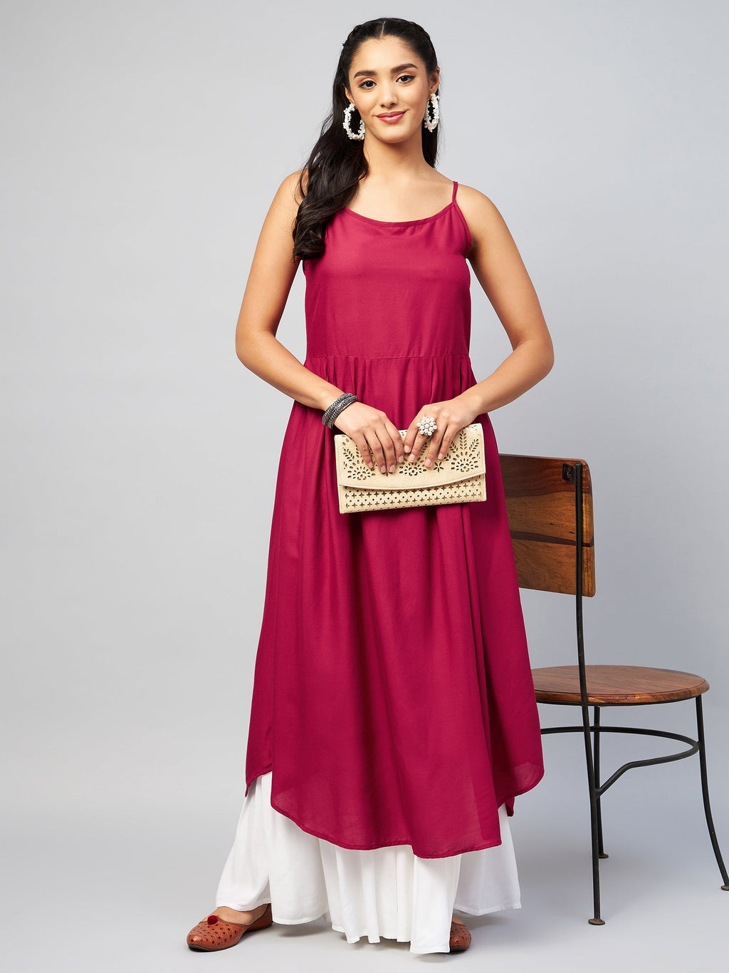 InWeave Women's Solid Maroon Strappy Kurta | Grocsy