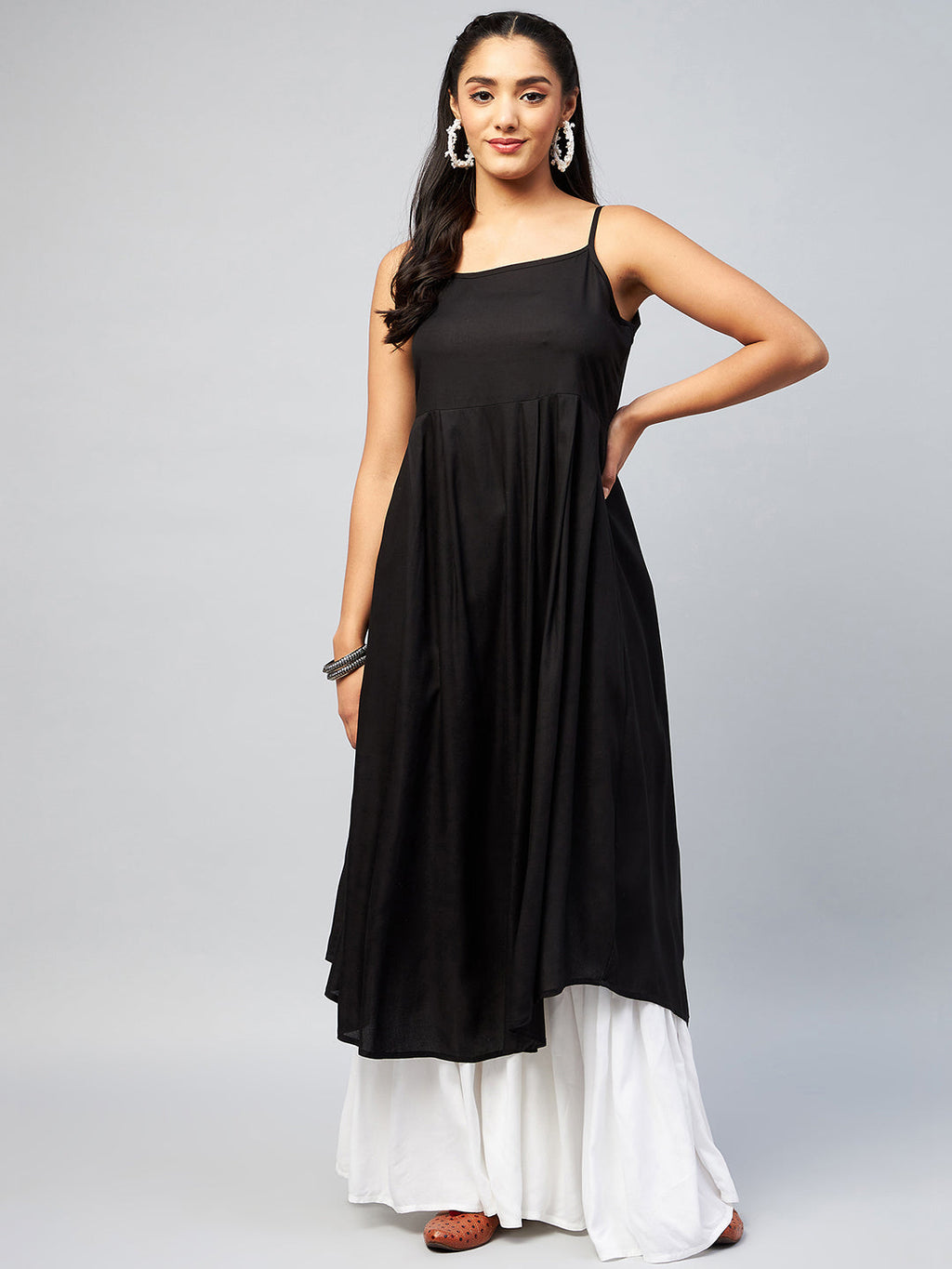 InWeave Women's Solid Black Strappy Kurta | Grocsy