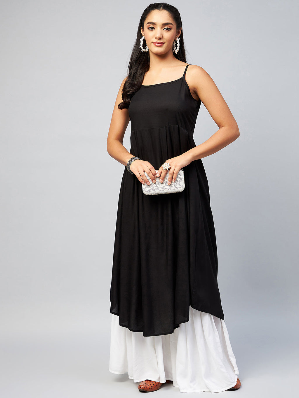 InWeave Women's Solid Black Strappy Kurta | Grocsy