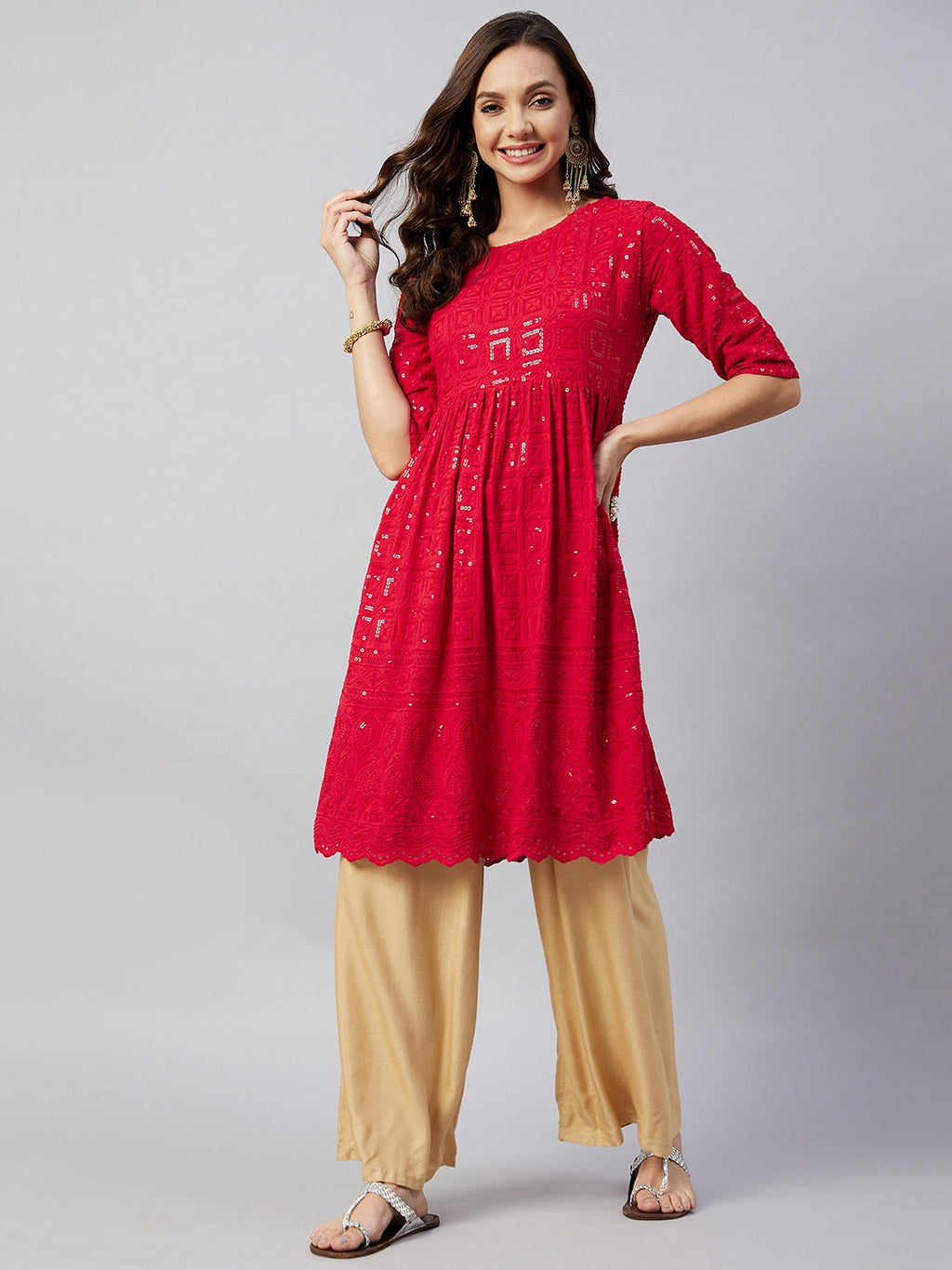 InWeave Women's Ruby Red Chikankari Anarkali Kurta | Grocsy