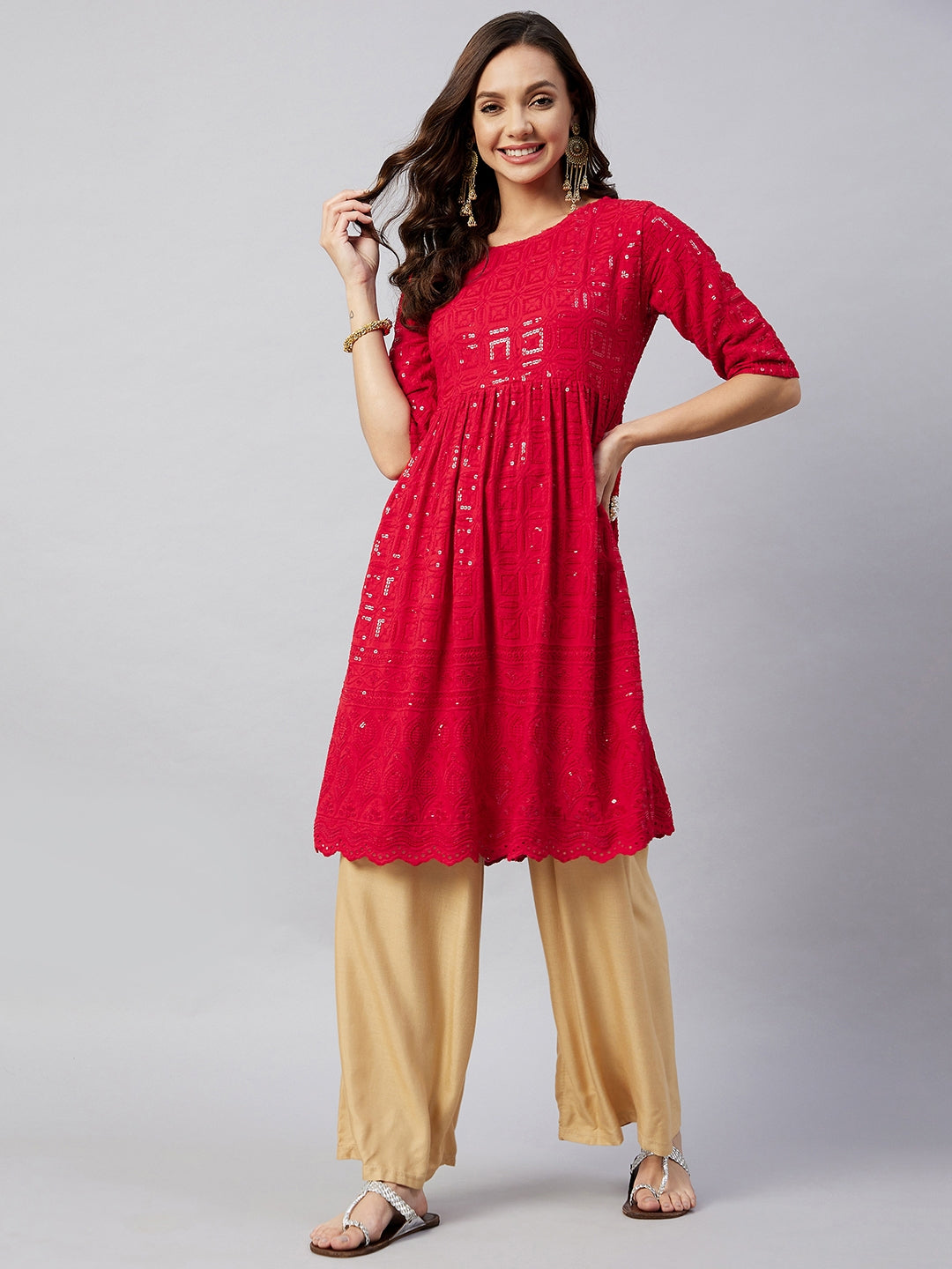 InWeave Women's Ruby Red Chikankari Anarkali Kurta | Grocsy