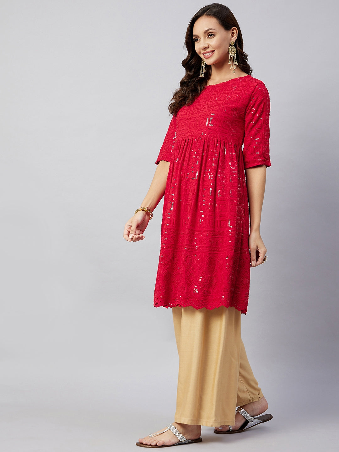 InWeave Women's Ruby Red Chikankari Anarkali Kurta | Grocsy