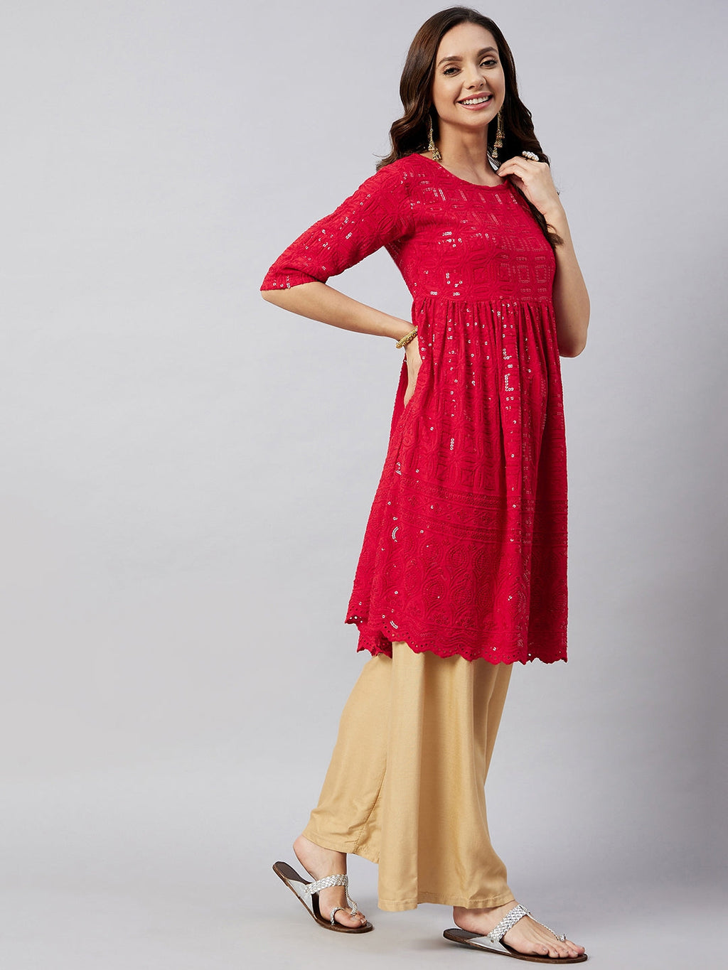 InWeave Women's Ruby Red Chikankari Anarkali Kurta | Grocsy