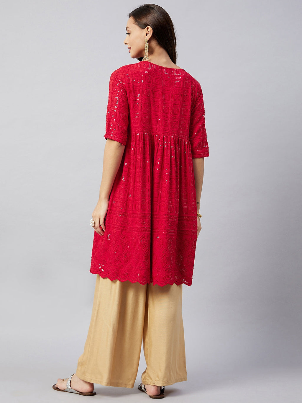 InWeave Women's Ruby Red Chikankari Anarkali Kurta | Grocsy