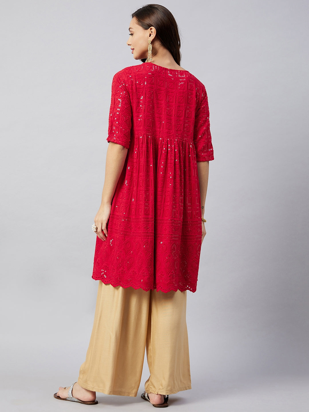 InWeave Women's Ruby Red Chikankari Anarkali Kurta | Grocsy
