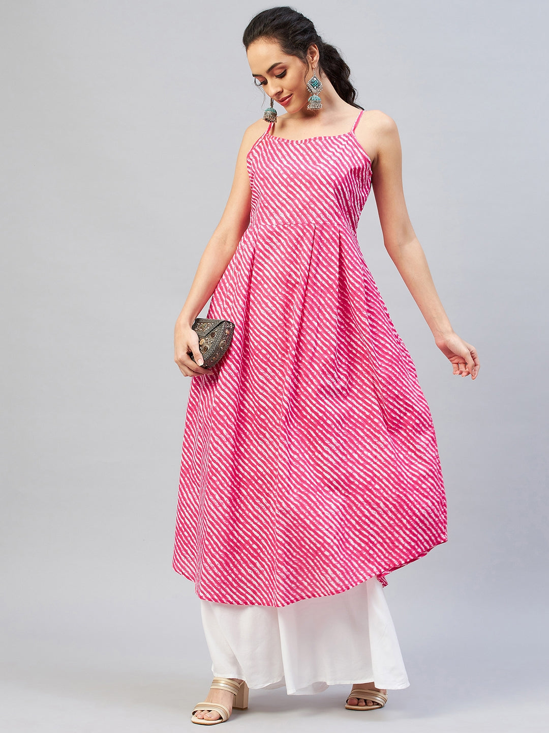 InWeave Women's Pink Lehriya Strappy Kurta | Grocsy