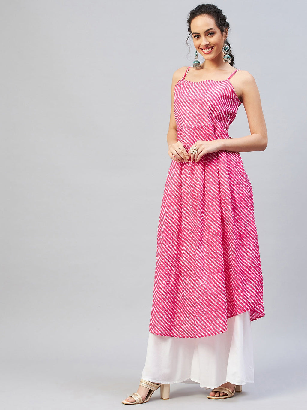 InWeave Women's Pink Lehriya Strappy Kurta | Grocsy