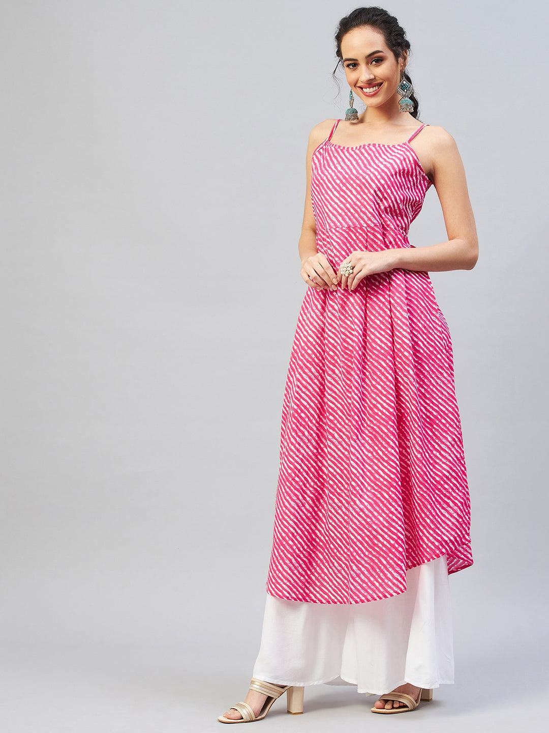 InWeave Women's Pink Lehriya Strappy Kurta | Grocsy