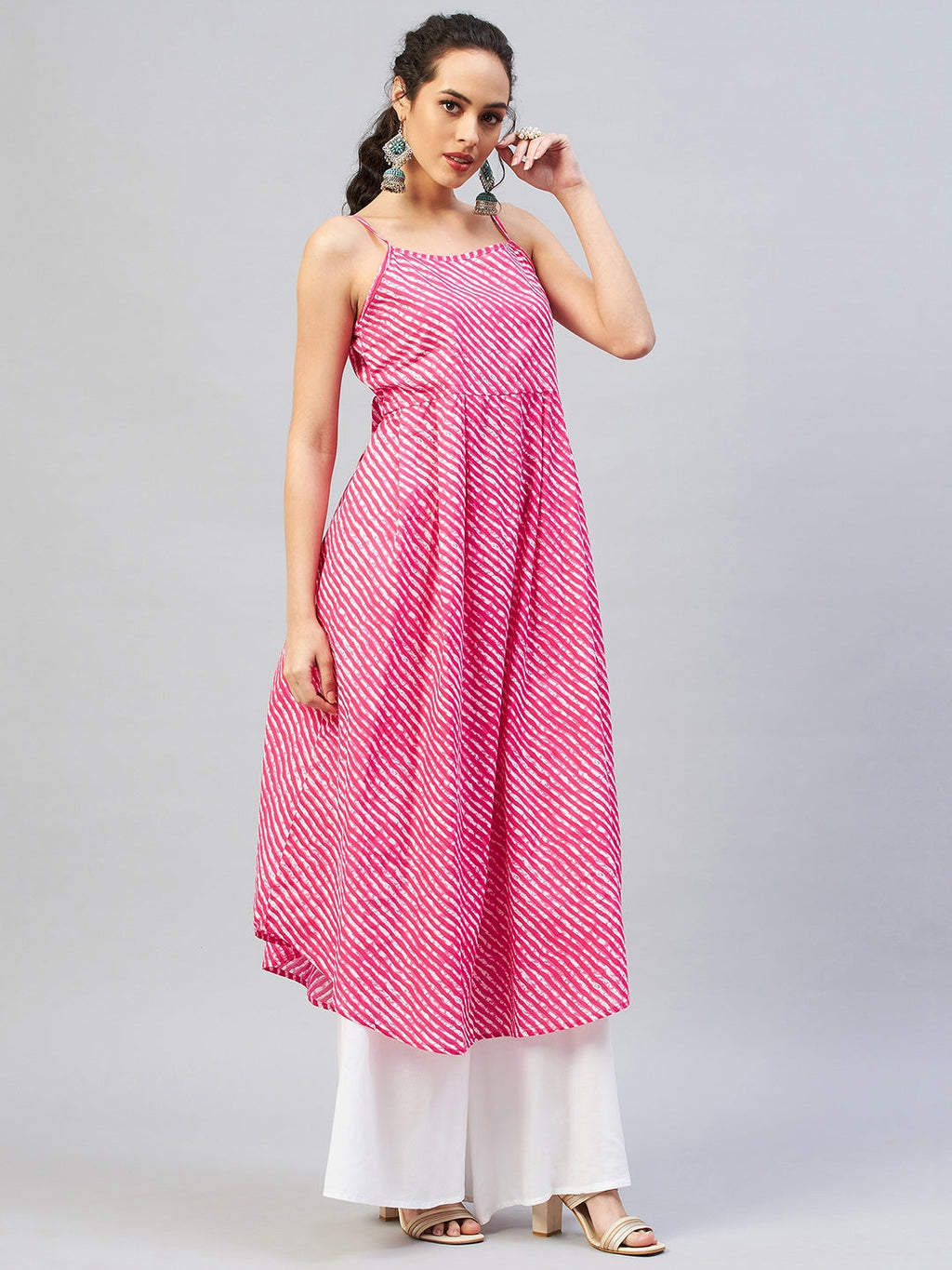 InWeave Women's Pink Lehriya Strappy Kurta | Grocsy