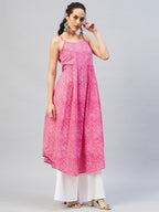 InWeave Women's Pink Lehriya Strappy Kurta | Grocsy