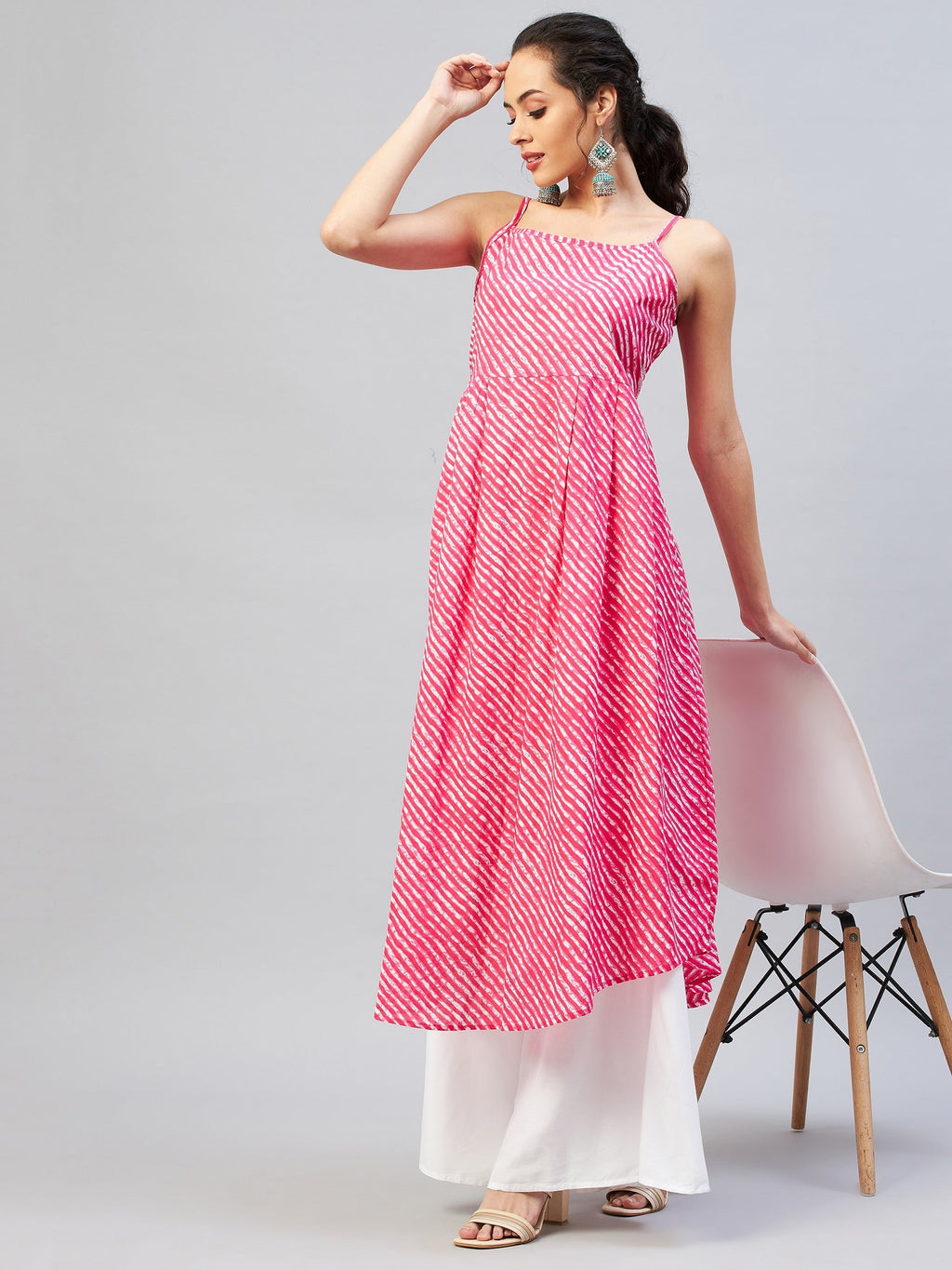 InWeave Women's Pink Lehriya Strappy Kurta | Grocsy